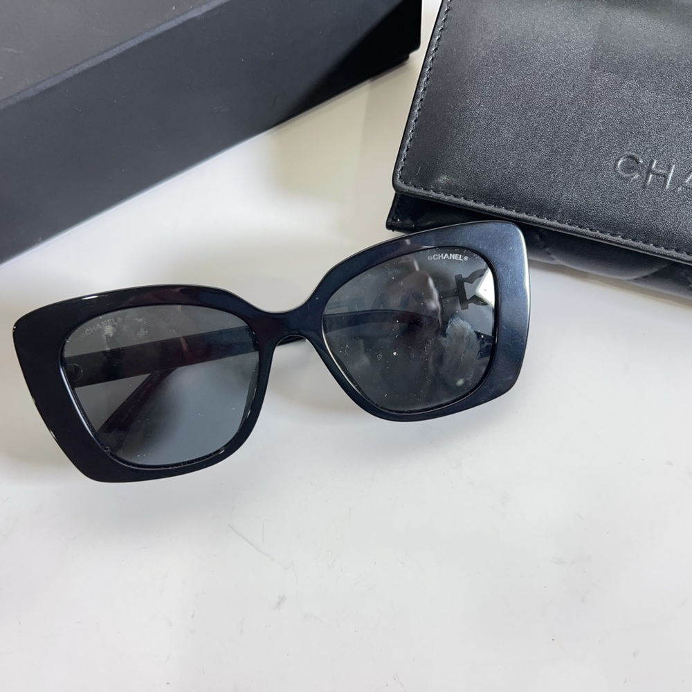 Chanel Square Crystal Logo Sunglasses Grey and Black